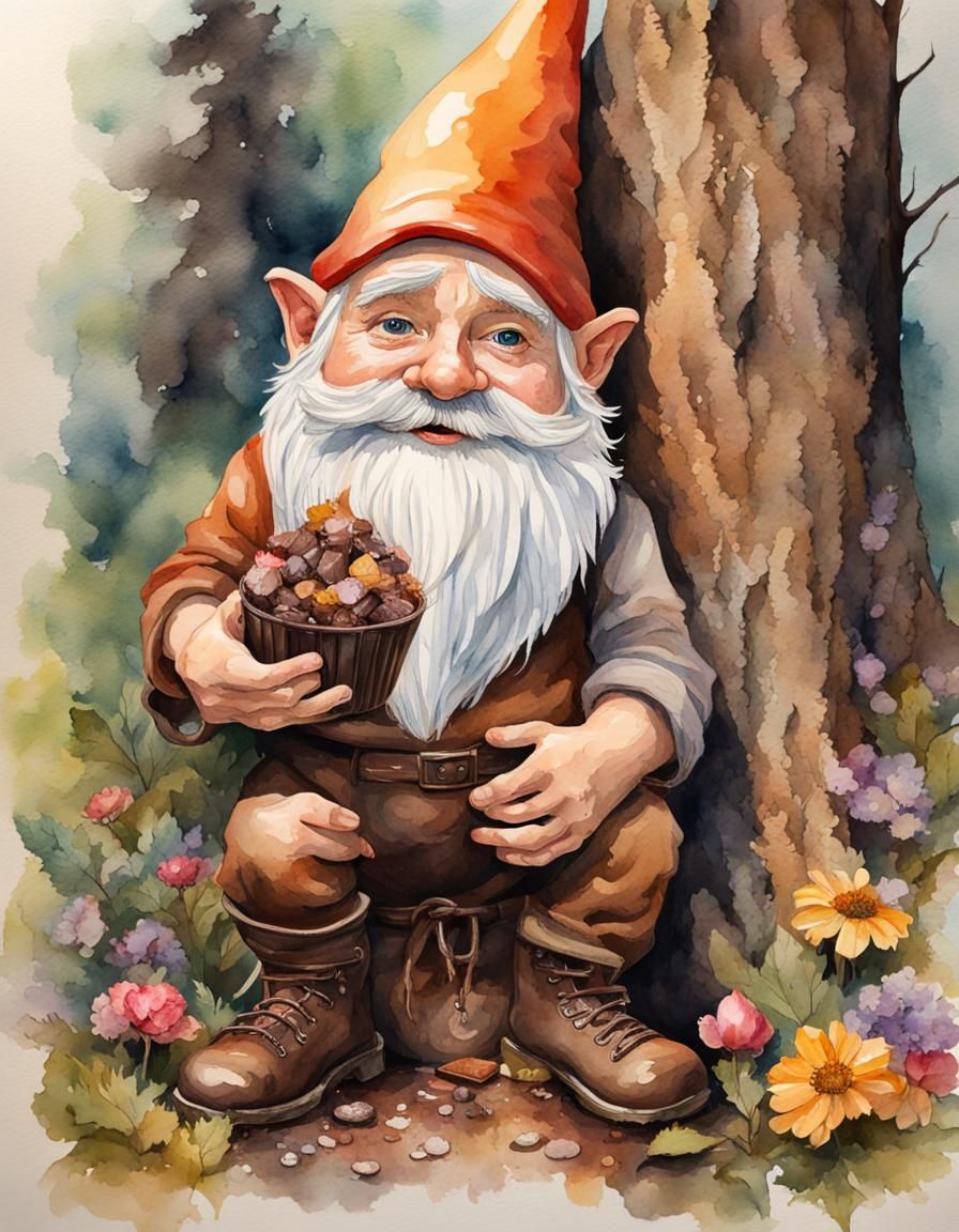 Watercolor Gnome with Chocolate in Woods