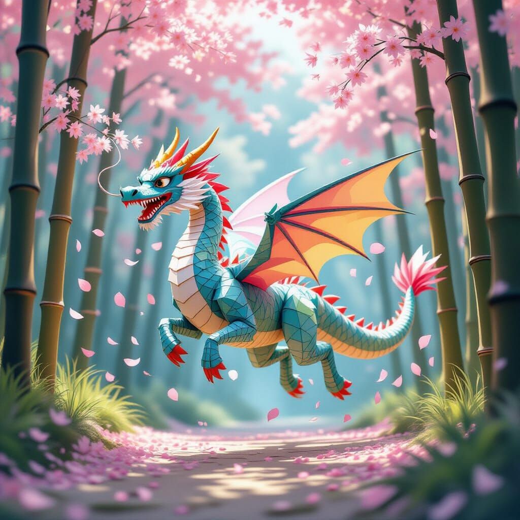 Iridescent Paper Dragon Soaring Through Bamboo Forest