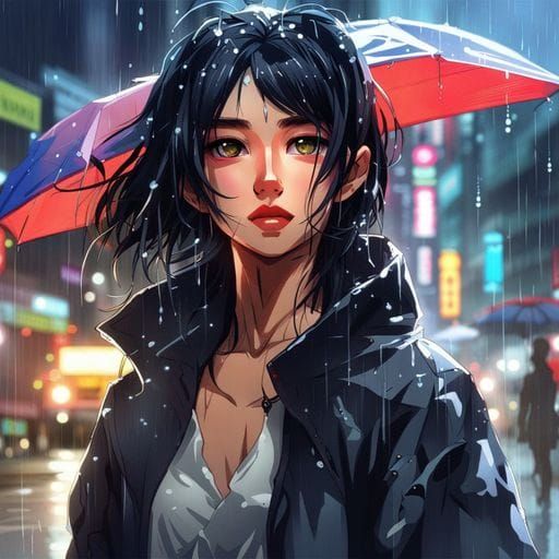 Beautiful Asian Woman in Rain, Splash Art Style