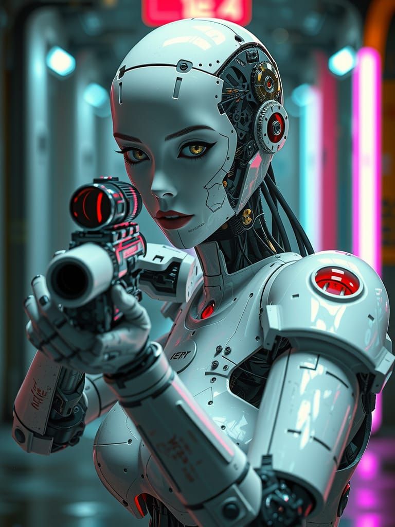 Gritty Cyberpunk Cyborg Battle Robot in Ceramic White