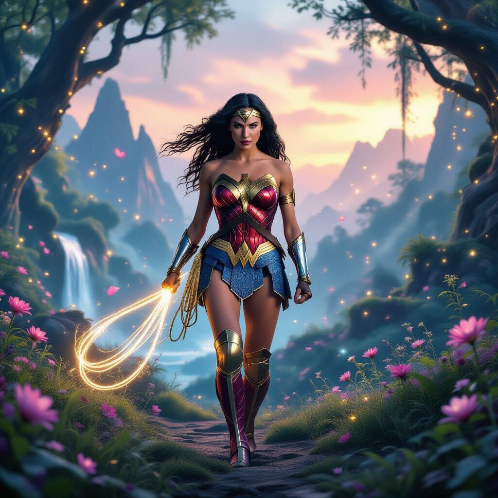 Wonder Woman in Enchanted Forest at Twilight