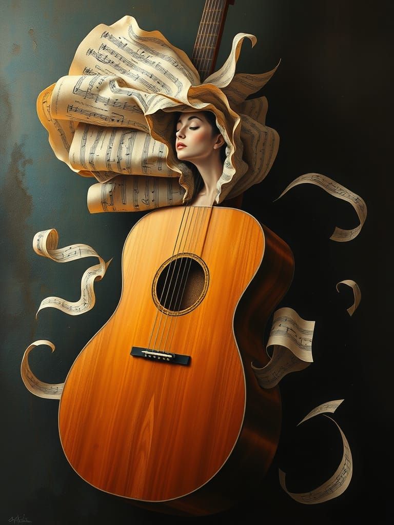 Surreal Woman Emerges From Guitar as Oil Painting
