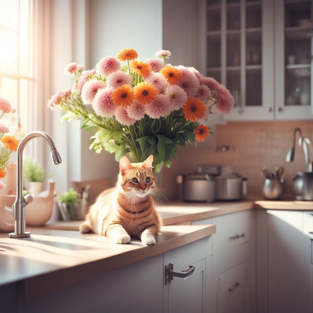 Cat Sniffs Flowers in Dreamy Kitchen Painting