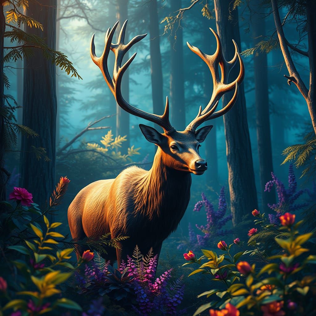 Mystic Deer in Lush Forest: Detailed Matte Painting