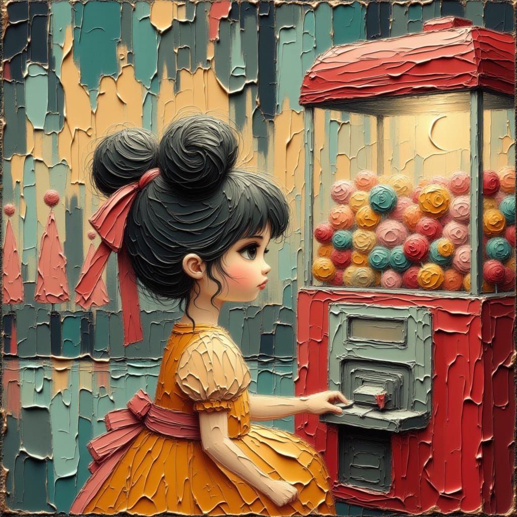 Girl at Arcade Candy Machine, Playful Illustrative Style