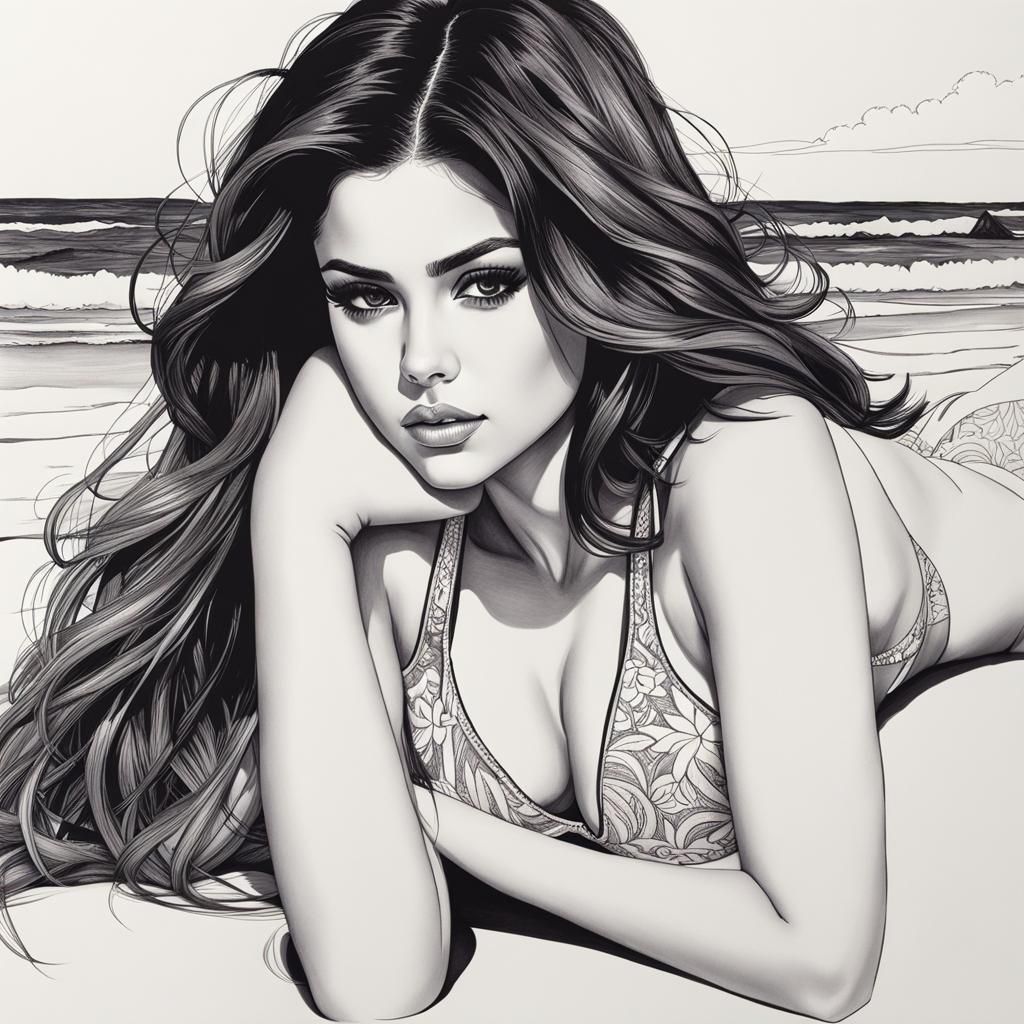 Woman in White Bikini on Beach, Ink Drawing