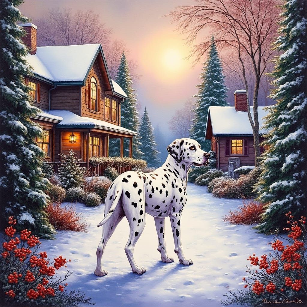 Winter Wonderland Dalmatian in a Foggy Forest of Evergreen T...