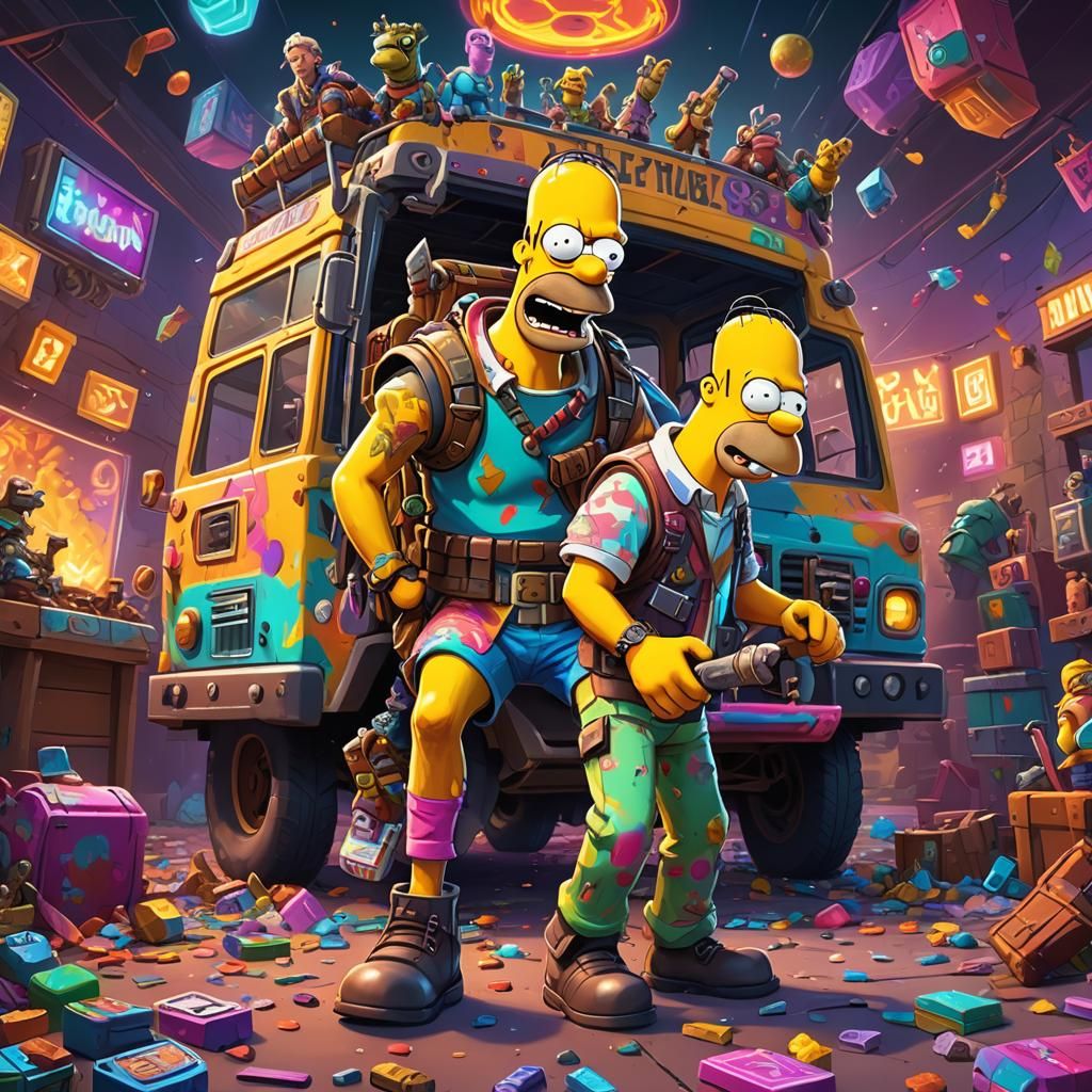 Homer Simpson in Fortnite Battle Royale, Vibrant Oil Paintin...