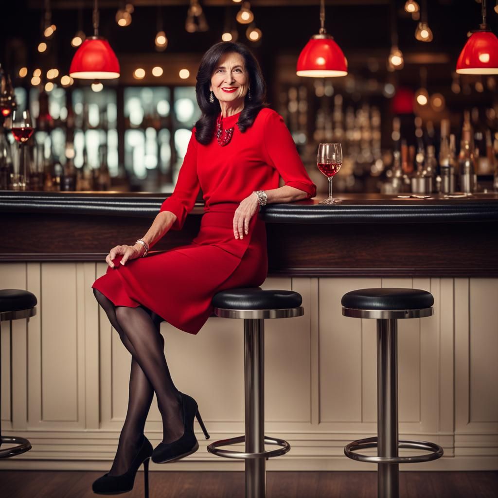 Woman in Red Blouse on Bar Stool, Professional Photo