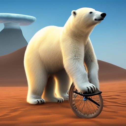 Polar Bear on Unicycle in Desert, Surreal Art