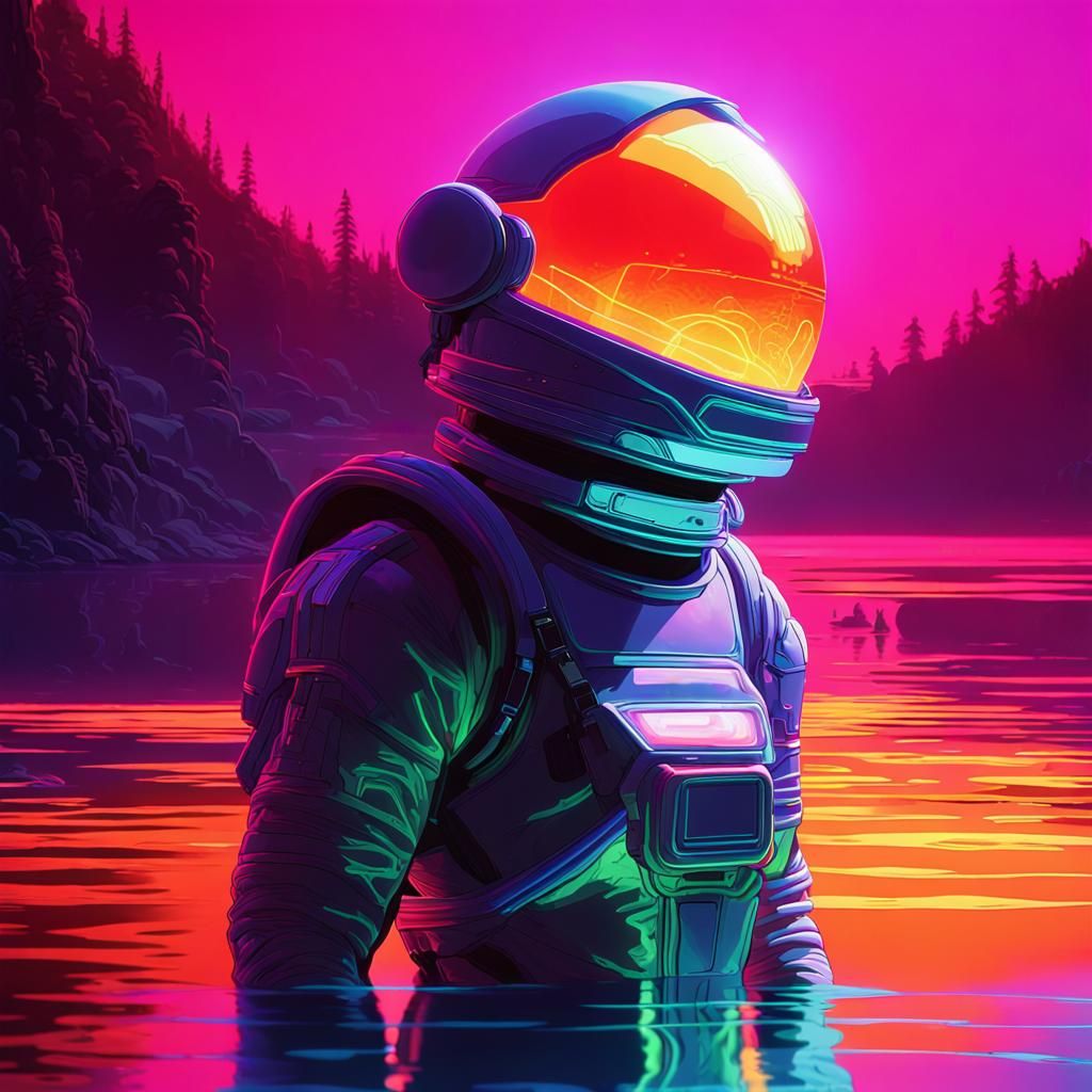 Neon Futuristic Astronaut Landscape in Syd Mead Style