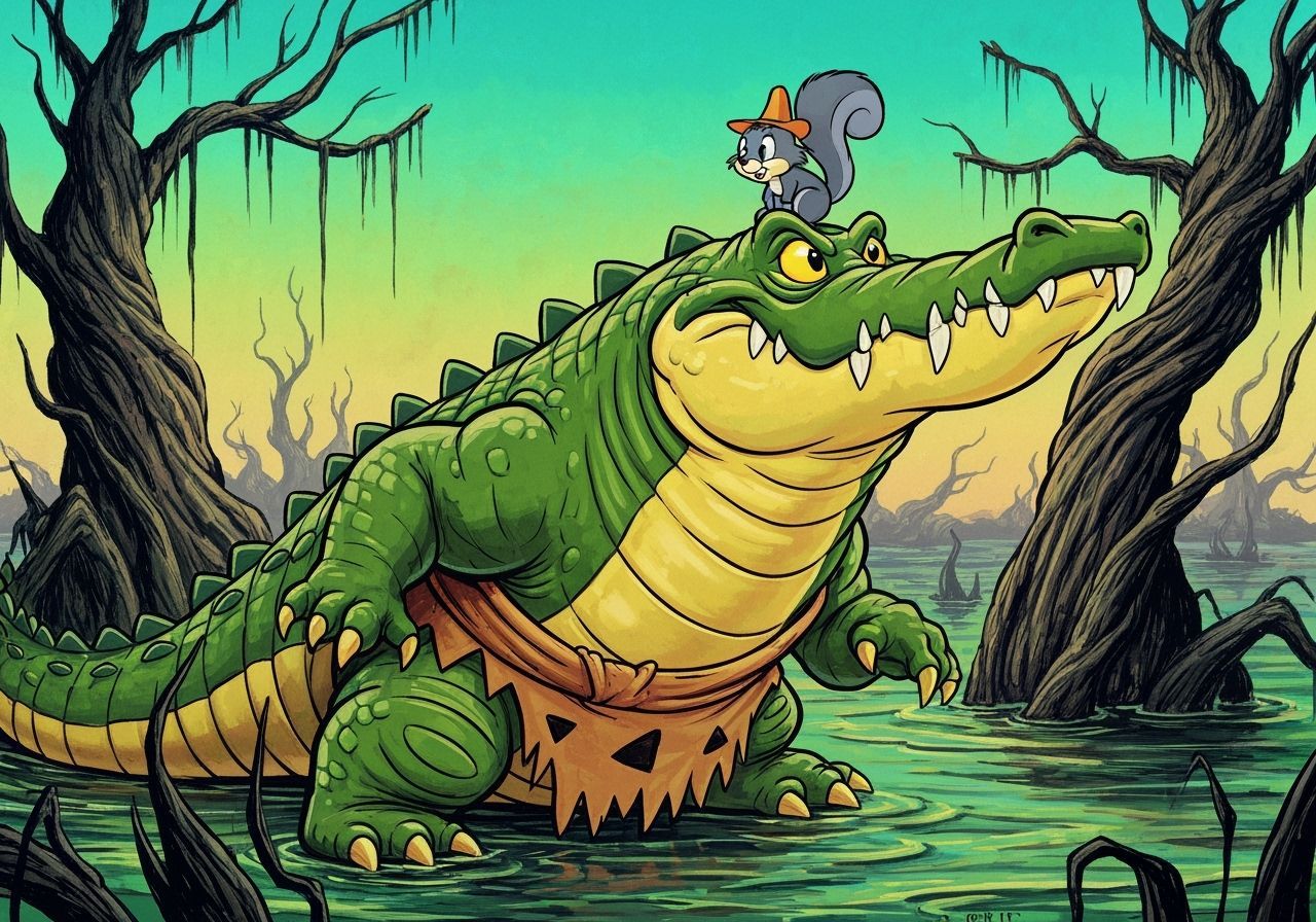 Fierce Crocodile Meets Squirrel in Swamp, Cel-Shaded Style