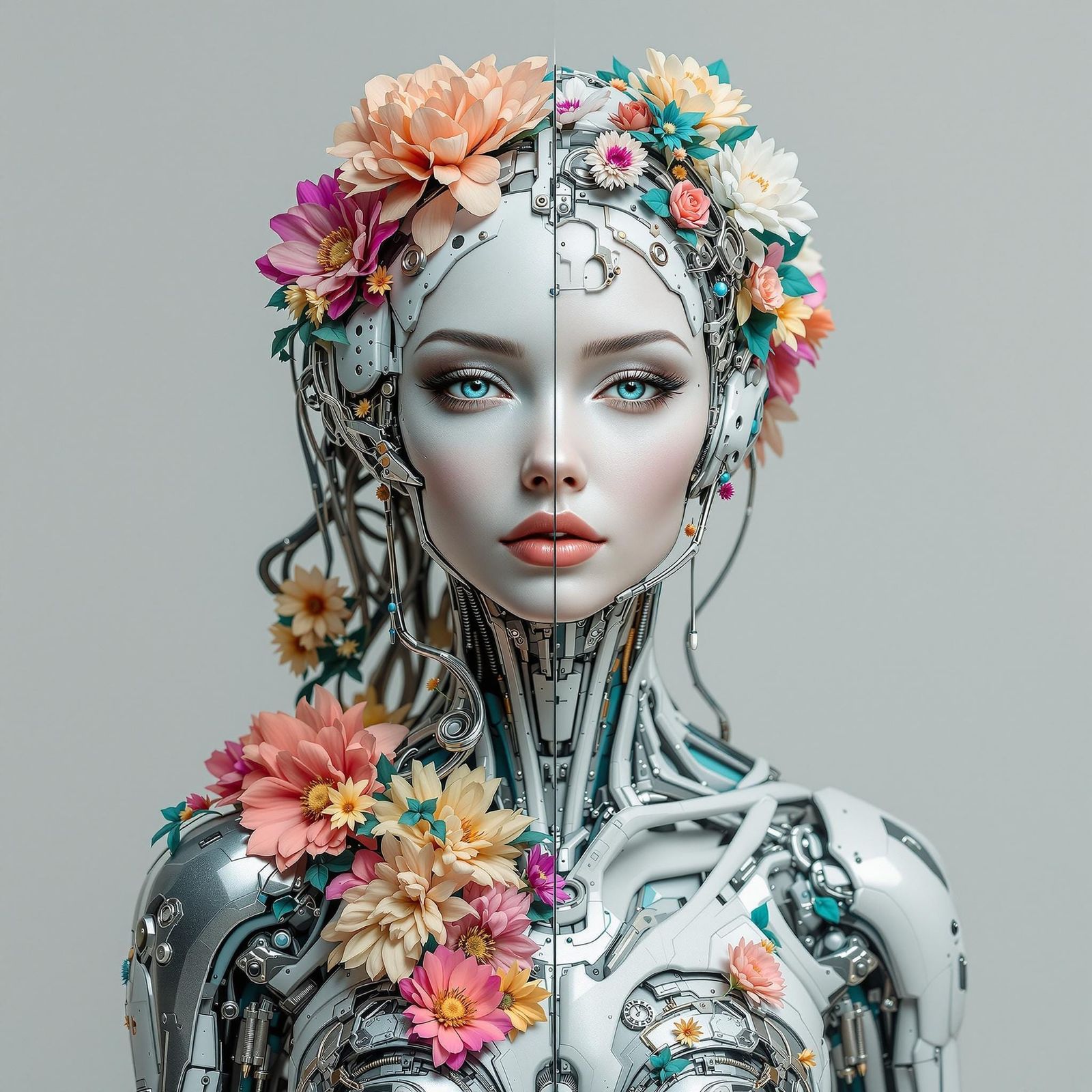 Biomechanical Woman in Harmonious Fusion