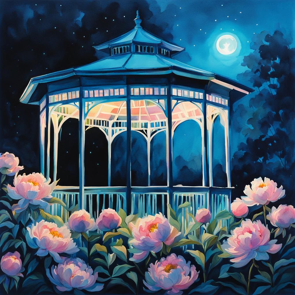 Moonlit Garden Scene with Neon Gazebo