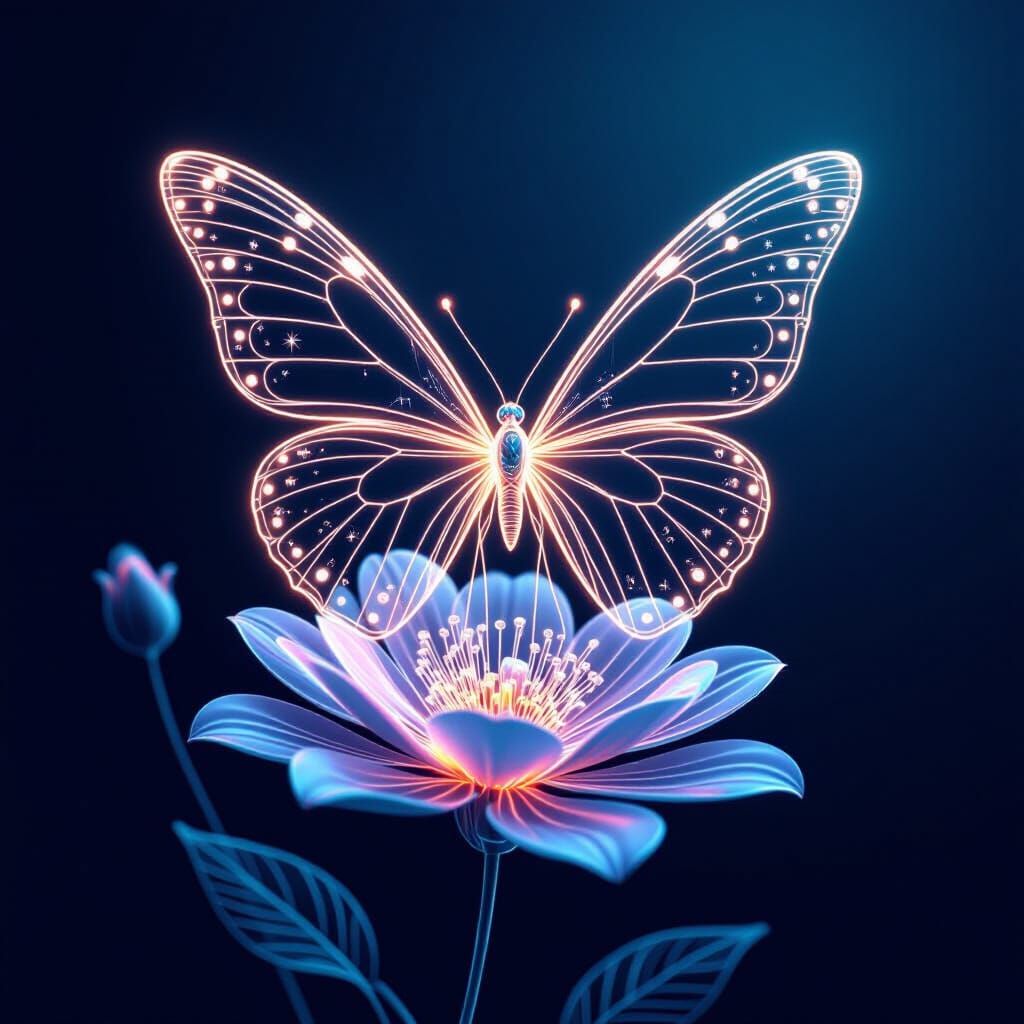 Hollow Wireframe Butterfly on Wire Flower, Glowing Iridescen...