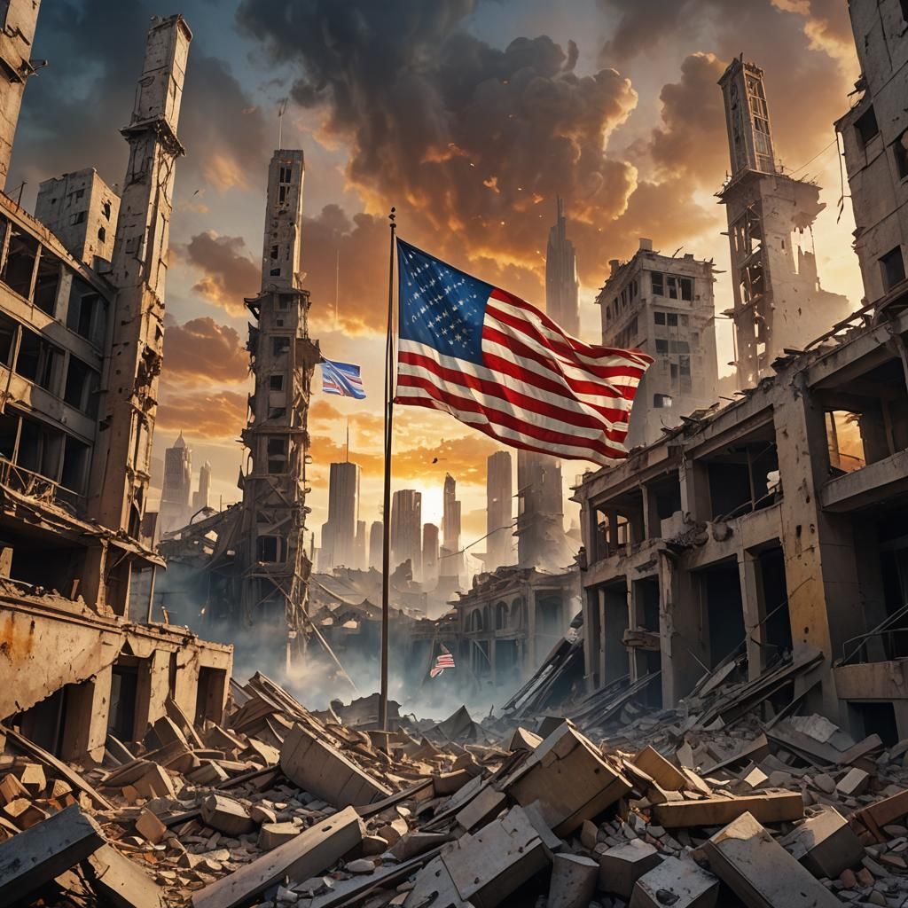 Bombed City Ruins with Waving Flag, Matte Painting