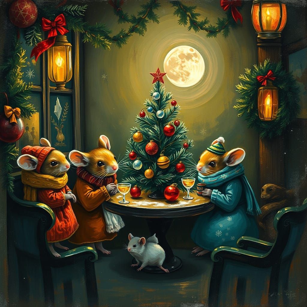 Festive Mice in Night Cafe - Whimsical Christmas Scene