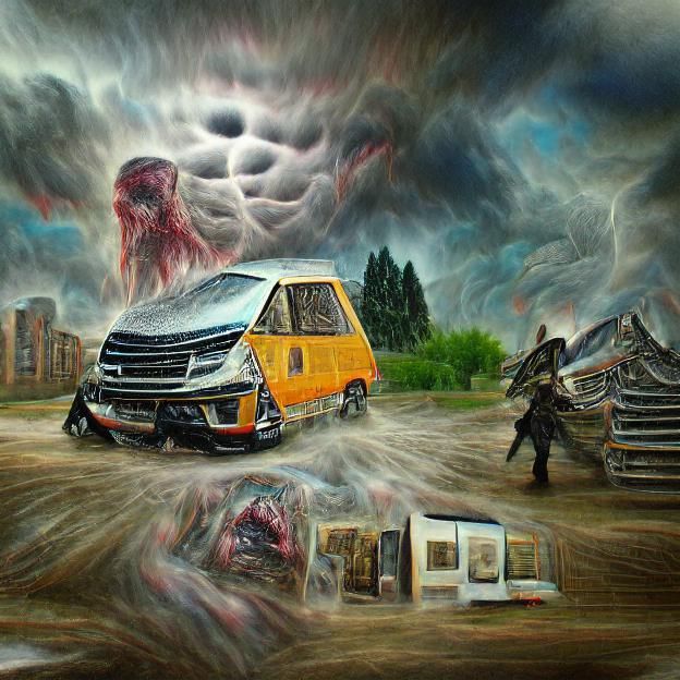 Apocalyptic Van After Thunderstorm in Hyperreal 3D