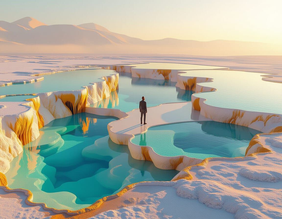 Surreal Golden Hot Springs Landscape in Digital Art Style