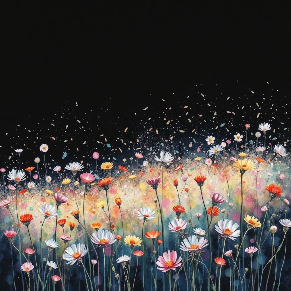 Iridescent Wildflower Field in Suminagashi Watercolor Style