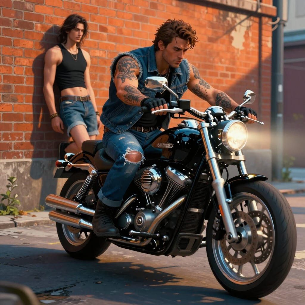 Biker and Man in Urban Alley Cinematic Digital Painting