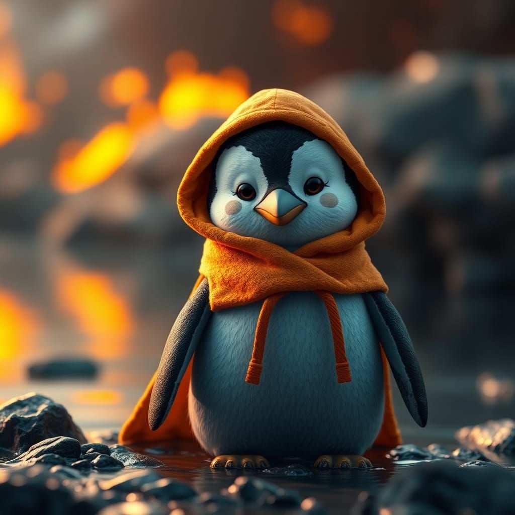 Cute Penguin in Golden Cloak: 8K 3D Render