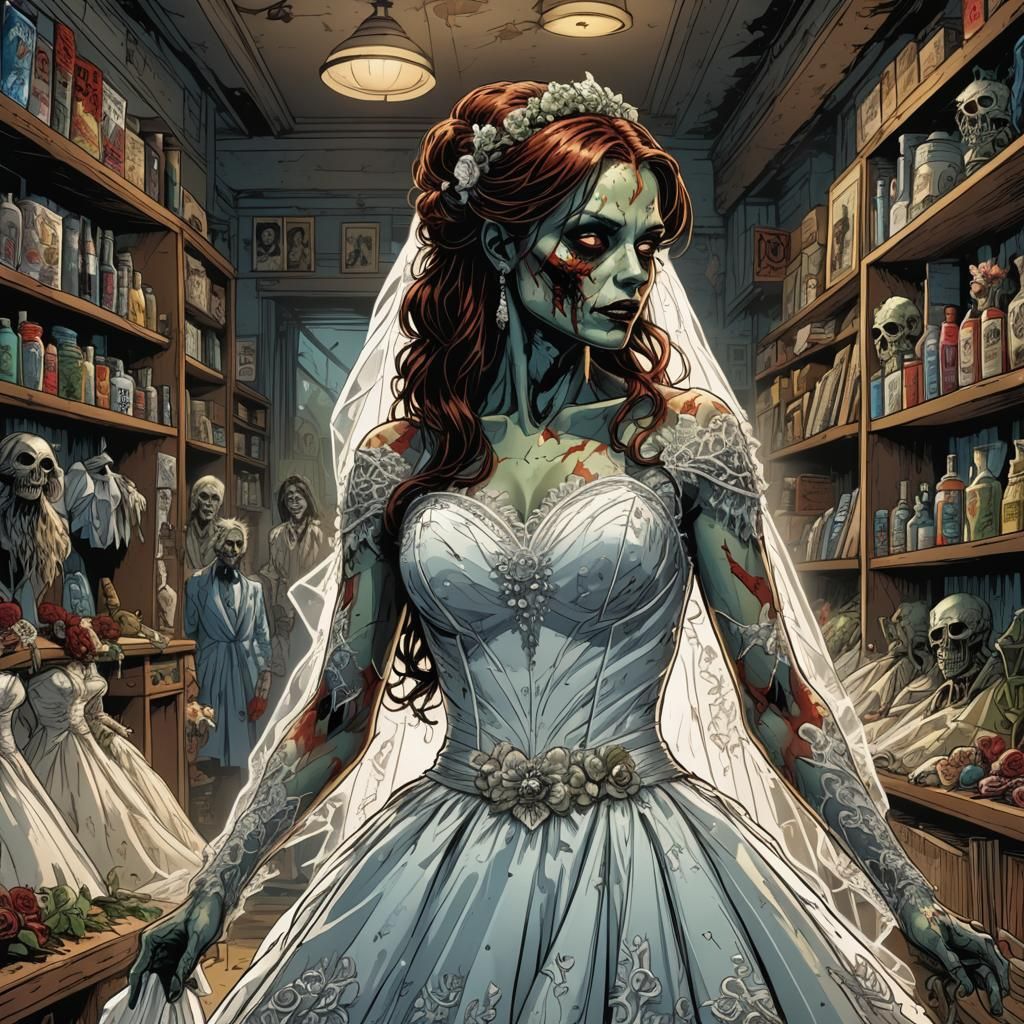Zombie Bride in Bridal Shop: Comic Book Art