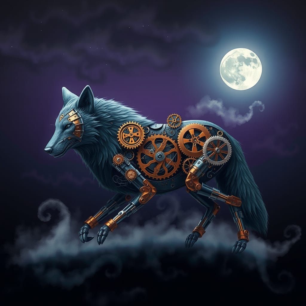 Clockwork Wolf in Starry Night