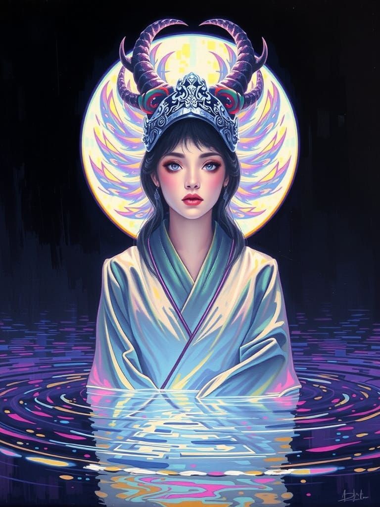 Traditional Cyber-Fantasy Painting of a Mystical Witch