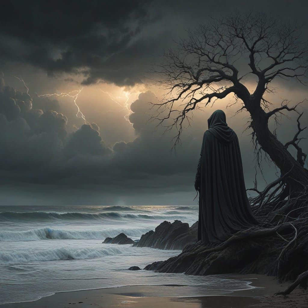 Eerie Cloaked Figure Gazing at Black Sun, Dark Fantasy Art