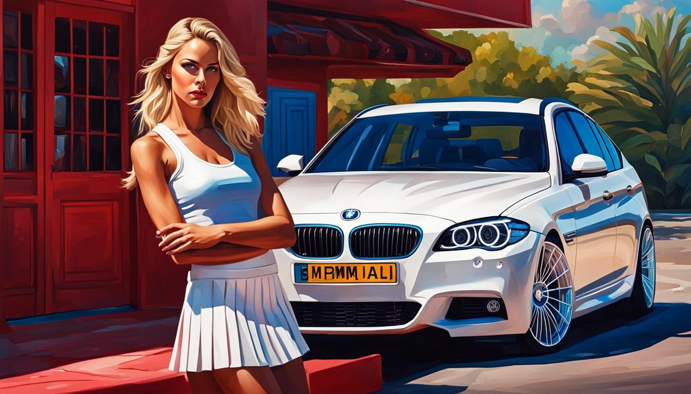 Blonde Woman with Red BMW: Splash Art Rendering