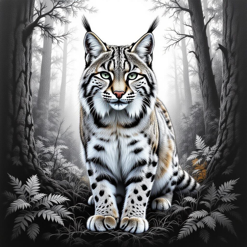 Hyperrealistic Pencil Drawing of a Bobcat in Forest