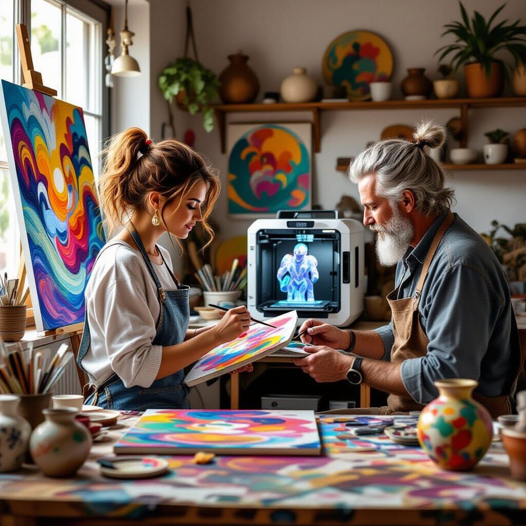 Cozy Art Studio with Painter and 3D Artist