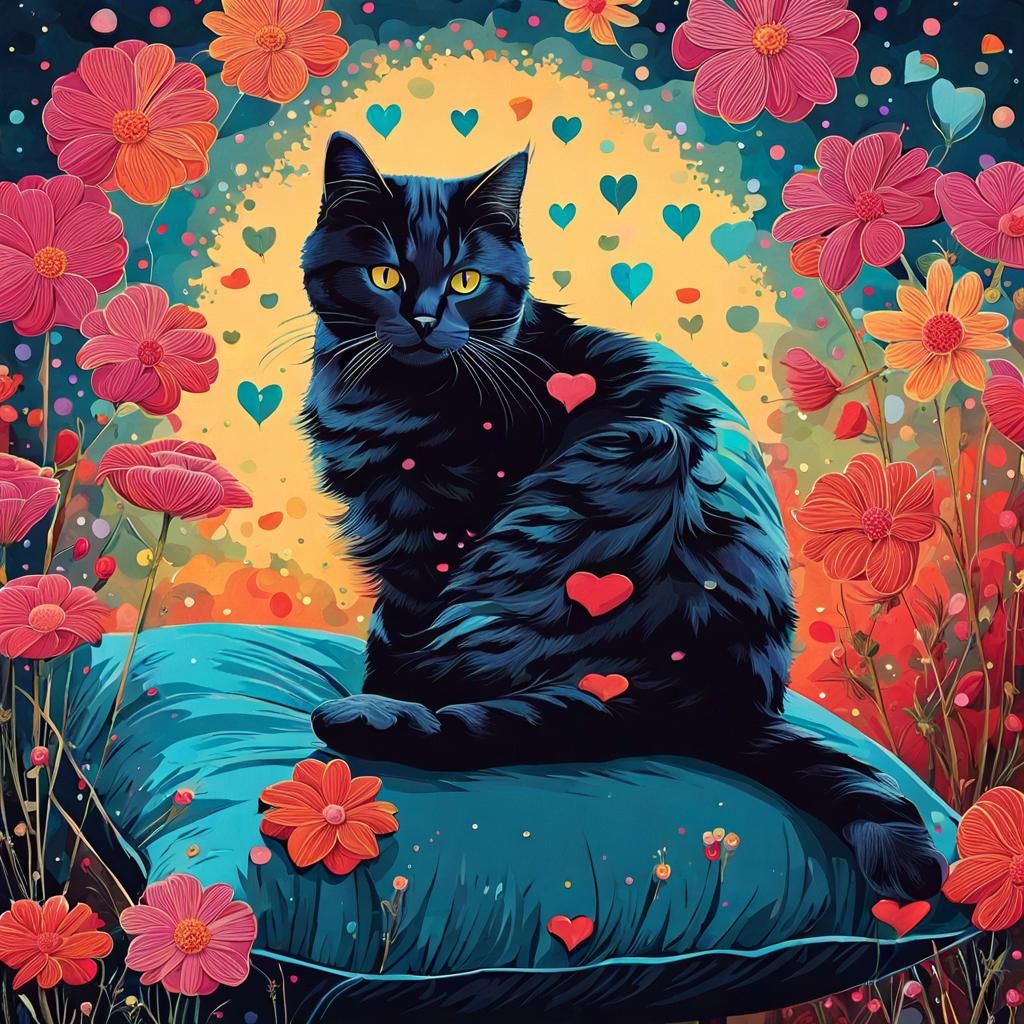 Cute Cat Surrounded by Flowers in Visionary Art Style
