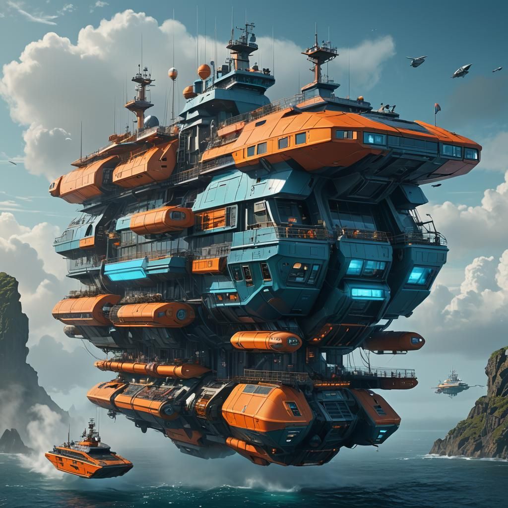 Futuristic Exploration Ship Over Misty Ocean