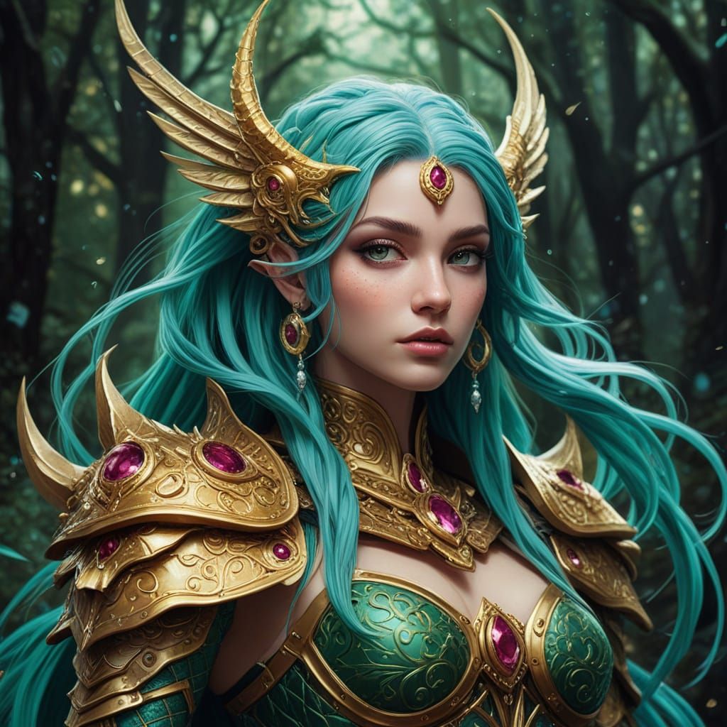 Regal Warrior Queen Surrounded by Majestic Dragon and Whimsi...