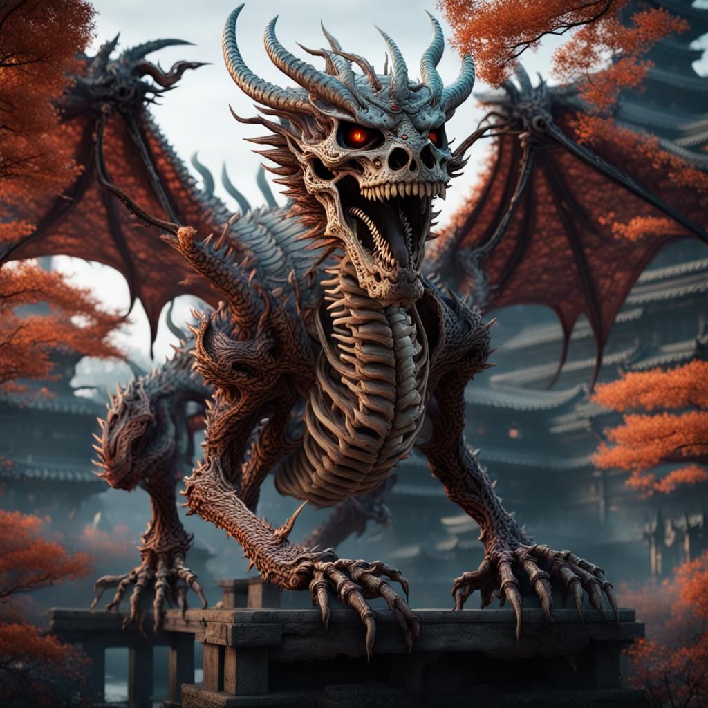 Scary Skeleton Japanese Dragon in Detailed Matte Painting