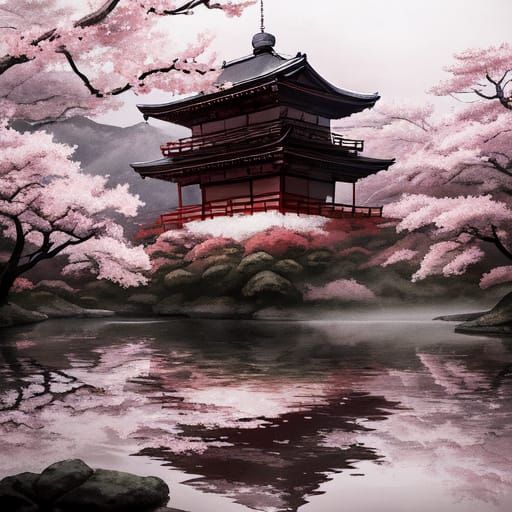 Sakura Tree in Japanese Landscape with Temples and Mountains...