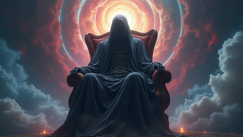 Cosmic Tyrant on Throne in Psychedelic Sci-Fi Style