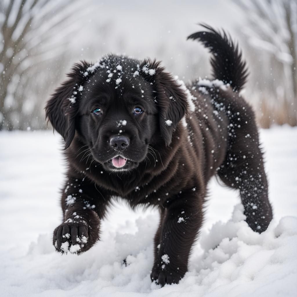 Black Newfoundland Puppy's First Snow Day