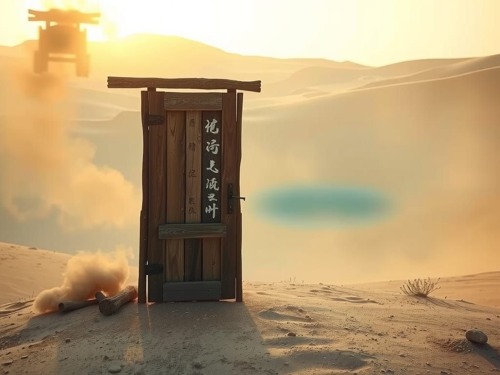 Solitary Japanese Door in Desert Mirage, Digital Art