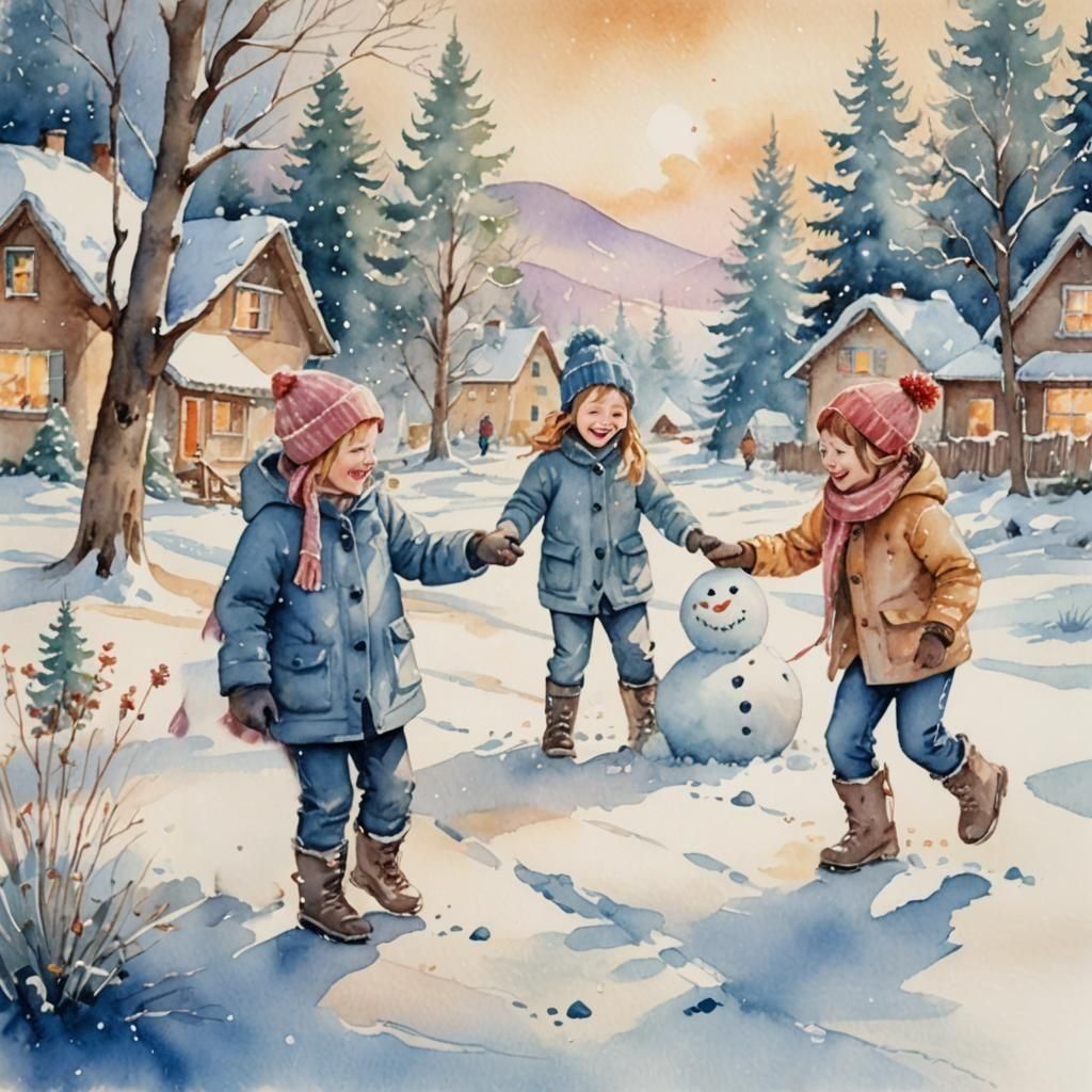 Children Playing in Snow, Watercolor Style