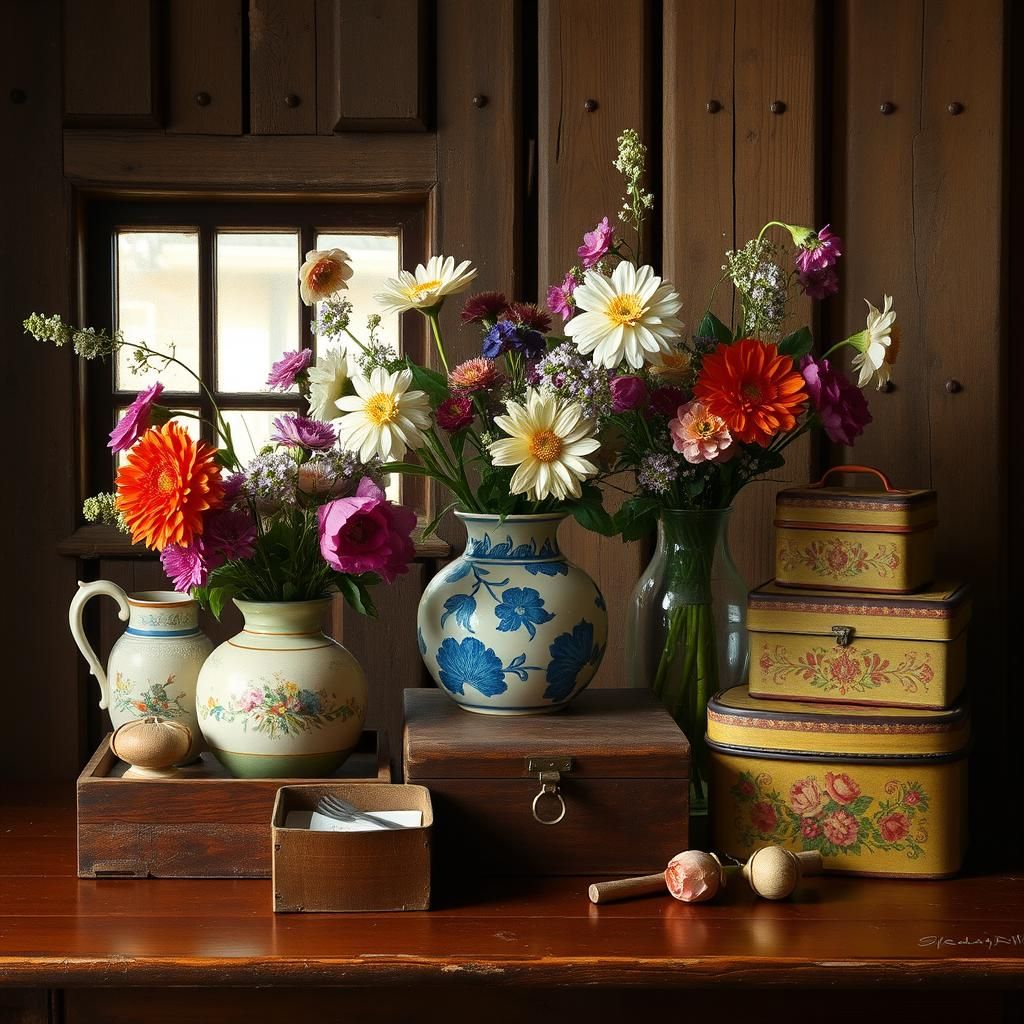 Floral Still Life with Antiques and Window Light