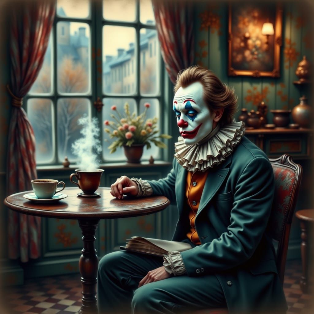 Melancholic Clown in Dim Parisian Cafe