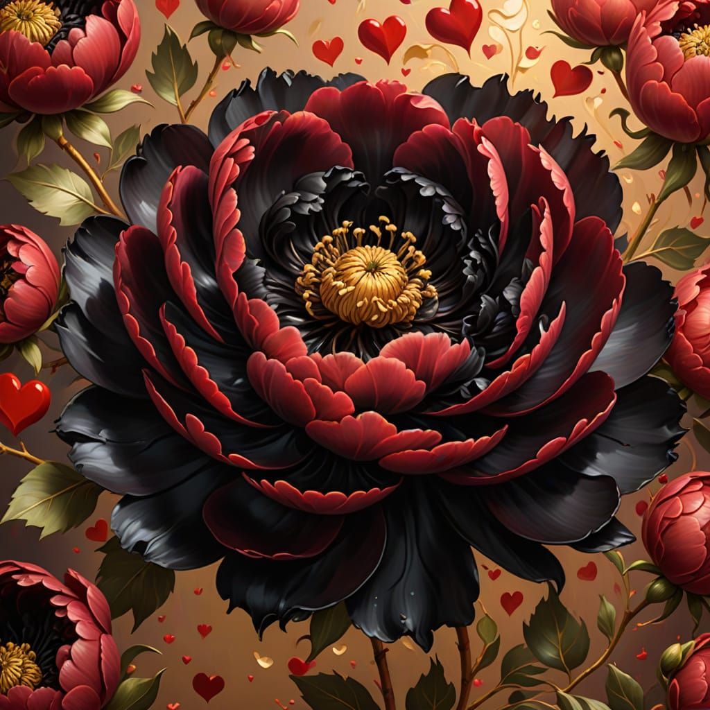 Black Peony Surrounded by Red Hearts in Oil Painting Style