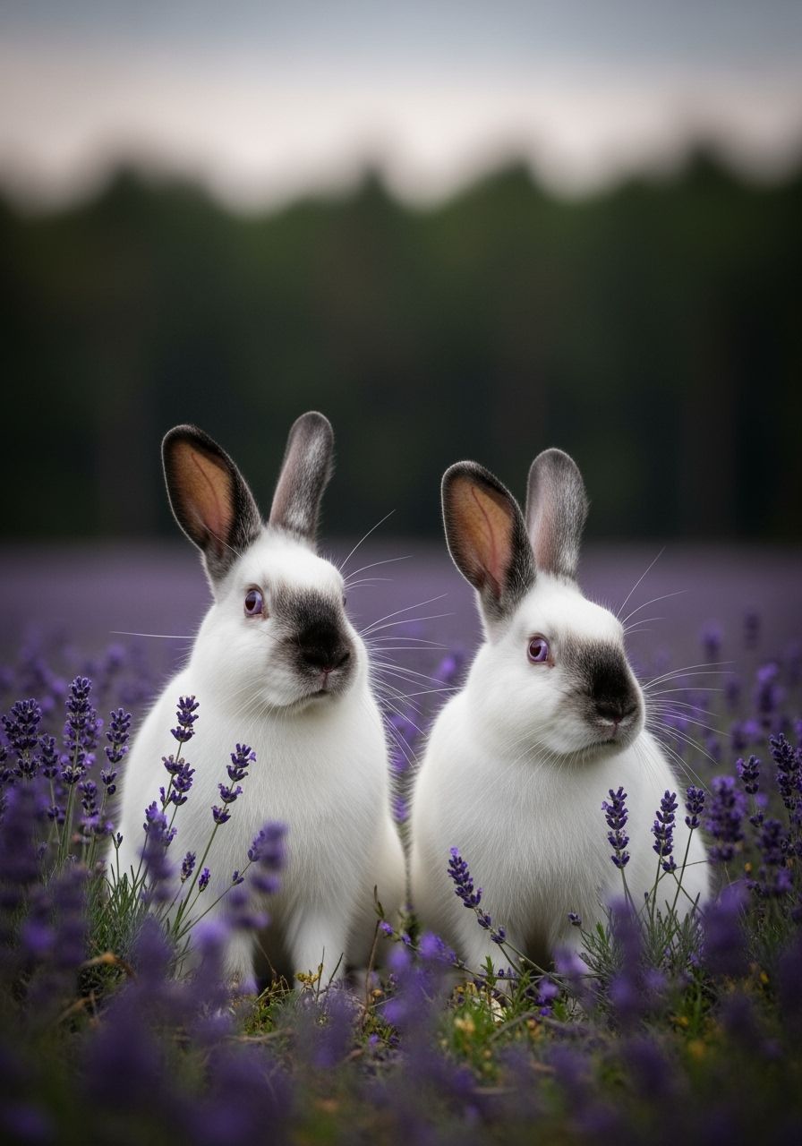 Majestic Himalayan Rabbits in Lavender Field DSLR Photo