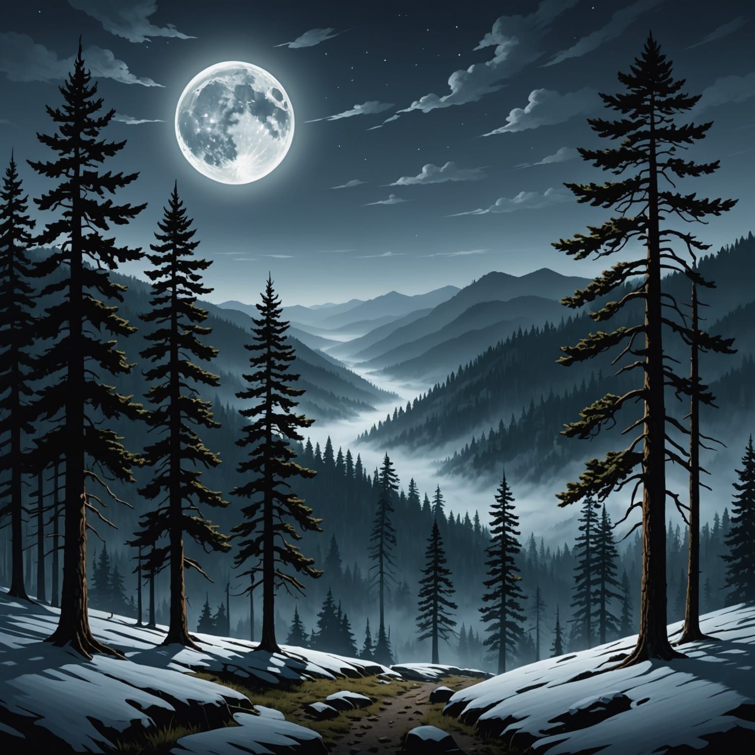 Moonlit Pine Valley: A Photorealistic Landscape