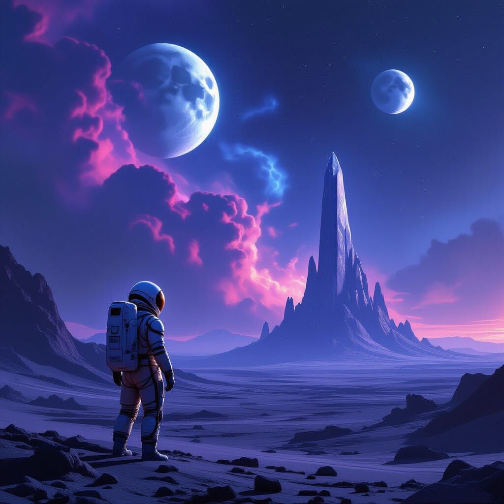 Astronaut on Alien Planet with Two Moons