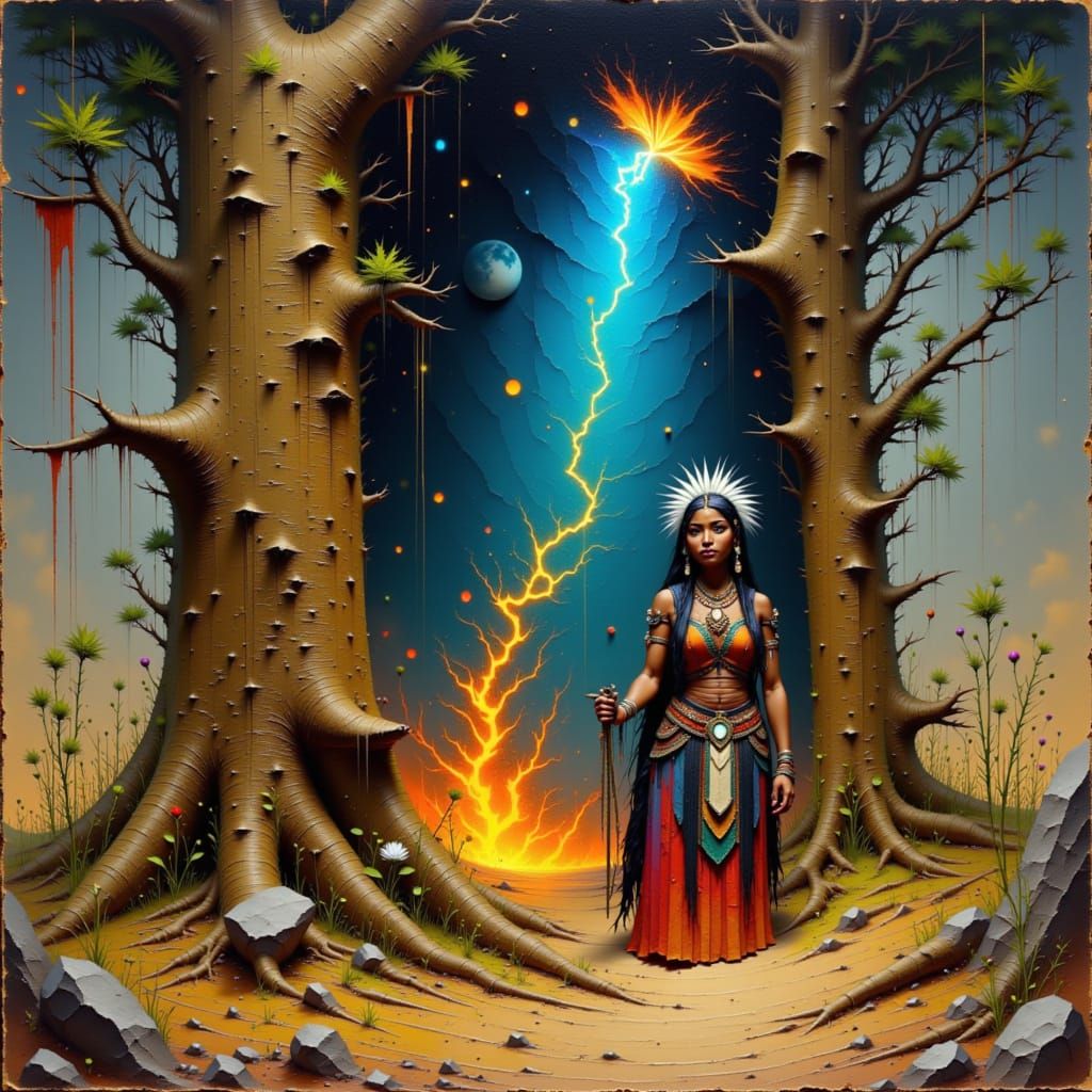 Cherokee Figure with Thunder Beings in Vivid Earth Tones