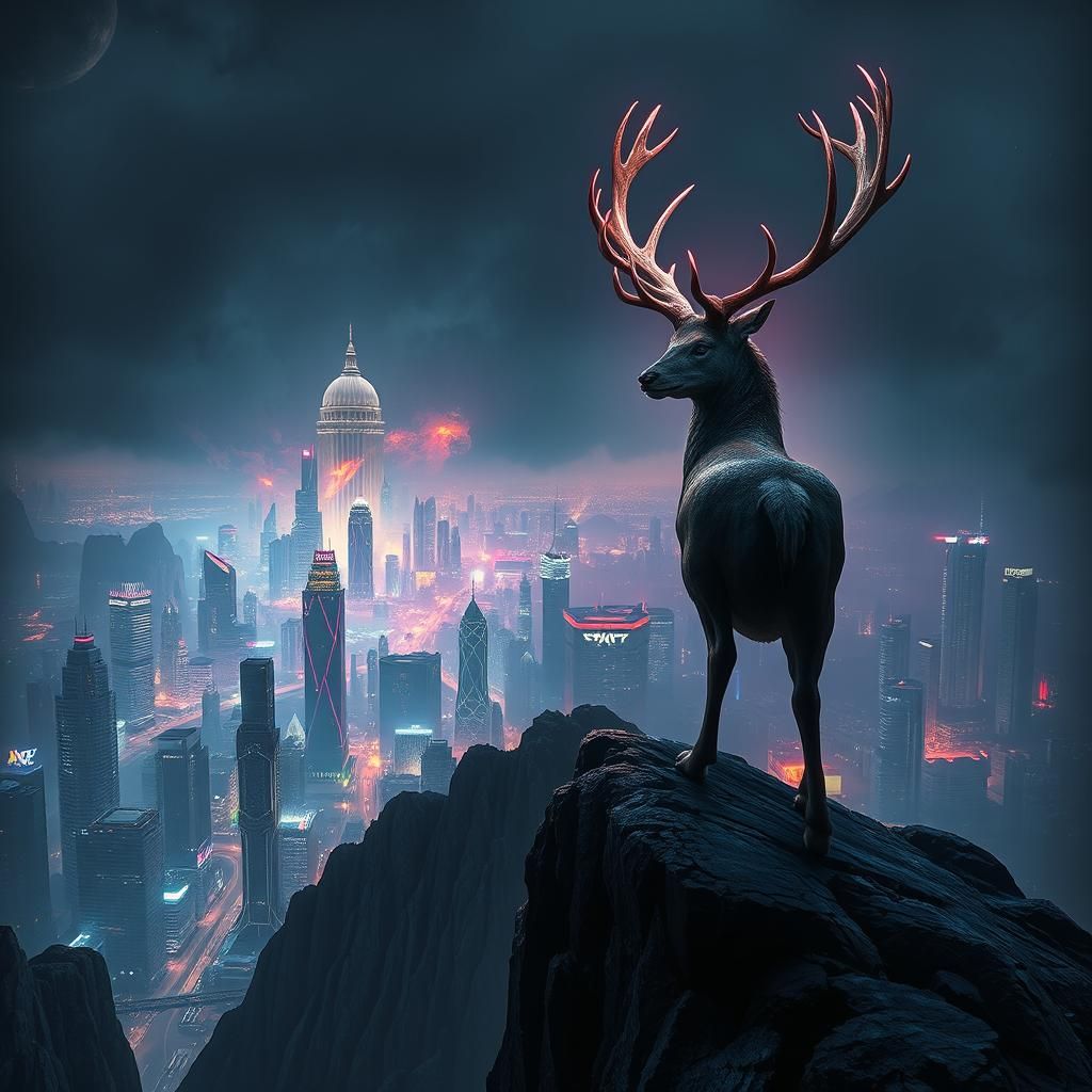 Deer King Watches Over Futuristic City Invasion